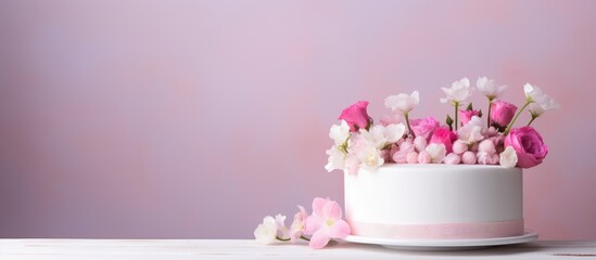 White cake adorned with pink flowers