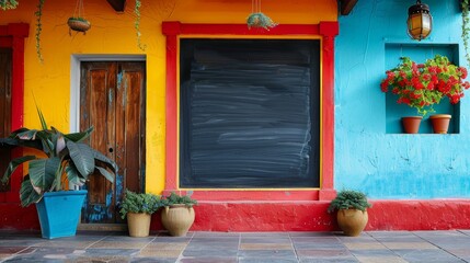Fototapeta na wymiar Vibrant Mexican restaurant entrance showcasing a blank blackboard, ready for your creative menu