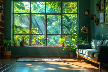 Welcoming interior featuring a comfortable green sofa with a large window showing a lush green forest outside
