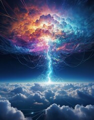 An electric storm with a brain-shaped cloud illuminated in vibrant colors, evoking concepts of brainstorming and creative energy.