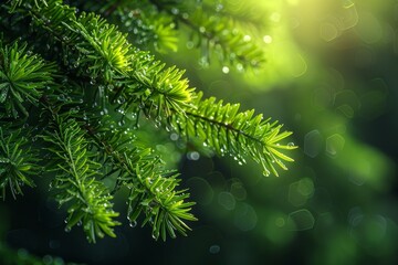 Fototapeta premium Close-up of water droplets on a vivid green fir branch with defocused sparkling light background, capturing freshness and purity of nature