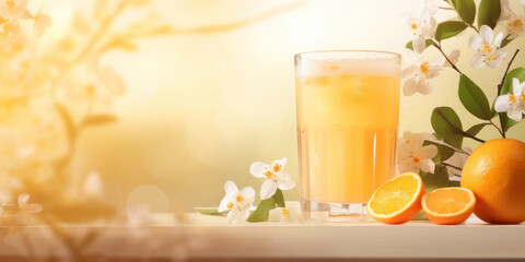 Fresh orange juice or smoothie with citrus slices and flowers on the table. A refreshing vitamin drink in the sun's rays. - obrazy, fototapety, plakaty