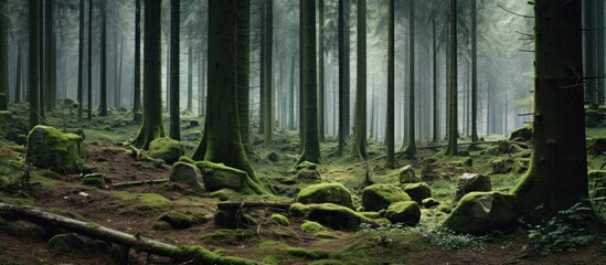 Mossy rocks in dense forest