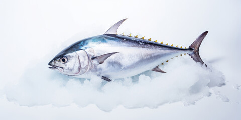 Large tuna fish on crushed ice with a white background. Advertising banner layout for seafood store.