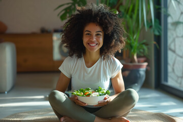 Beautiful fit woman eating healthy salad after fitness workout, Young woman enjoys a fresh salad, embodying a picture of health and happiness in her bright home. - Powered by Adobe