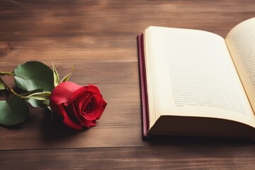 A single red rose lies across an open book on a rustic wooden table, symbolizing romance and love. Romantic Red Rose on Wooden Background