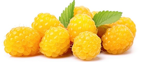 Close up of vibrant yellow raspberries with green leaves
