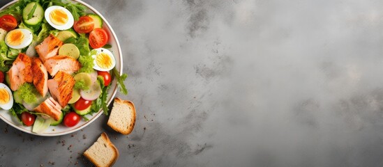 Salmon salad with eggs, tomatoes, and bread - obrazy, fototapety, plakaty