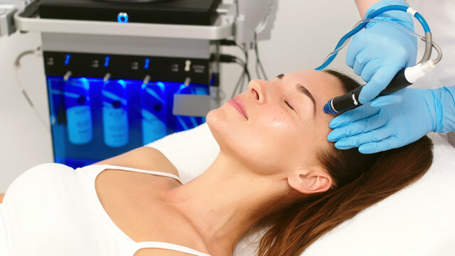 A cosmetologist performs vacuum cleaning and polishing of the facial skin of a middle-aged woman in a cosmetology clinic. Professional moisturizing and rejuvenating hardware procedures.