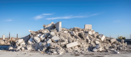 Demolished building rubble in construction site under blue sky