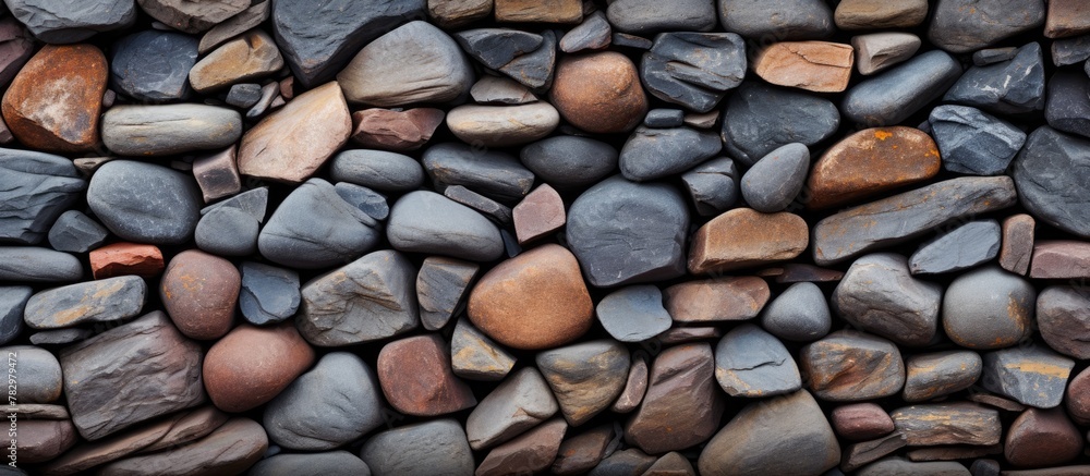 Poster close-up of assorted rocks with prominent red and black one