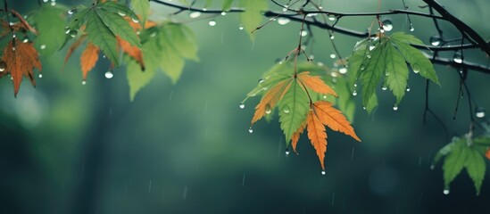 Leaves on tree branch with rain droplets