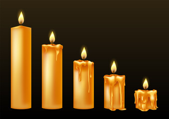 Burning candles with dripping or flowing wax. Yellow candles with golden flame. Lit and melted wax. Arranged from tall to low. Illustration of beautiful glowing candles on dark background