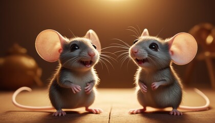 Two adorable, animated mice engaged in a cheerful conversation, standing on a wooden surface with a warm, soft background. - obrazy, fototapety, plakaty