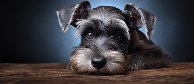 Dog resting on bed against blue backdrop