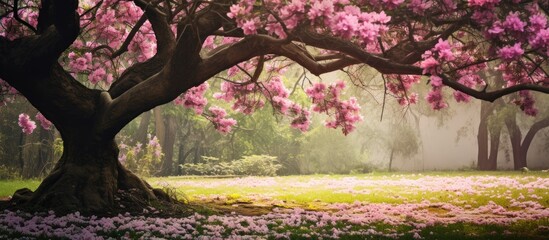 Pink blossomed tree stands in open meadow