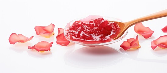 Rose petal preserves on spoon and white backdrop
