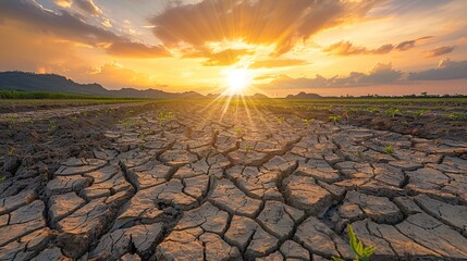 Global warming effect on agriculture parched earth with cracked soil, withered crops under scorching sun, farmers in despair, highlighting urgency. - obrazy, fototapety, plakaty