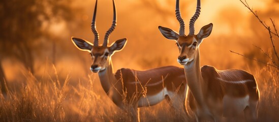 Two antelope in savannah at sunset
