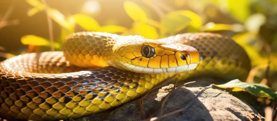 Fototapete A snake basking on a rocky surface amidst grass © vxnaghiyev
