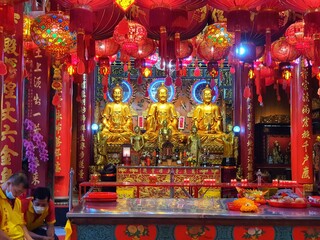 Bangkok, Thailand on July 22 2023. Statues of Buddha and Gods inside Wat Mangkon Kamalawat for...