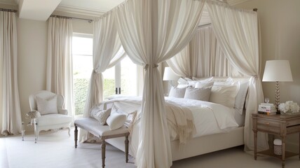 elegant guest bedroom featuring a luxurious canopy bed with draping fabric in a room filled with neutral tones