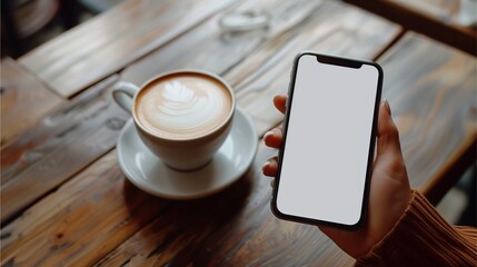 smartphone mockup with coffee, smartphone mockup with coffee lifestyle at cafe, Office supplies and gadgets on desk with coffee cup, Remote work and digital workspace concept photography