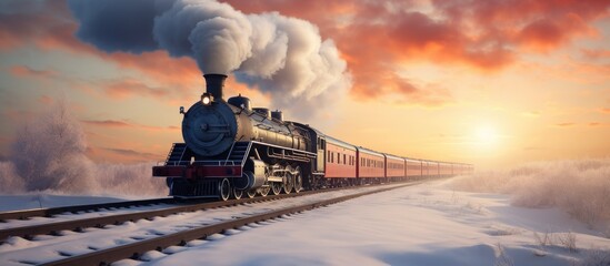 Steam locomotive chugs on icy tracks - obrazy, fototapety, plakaty
