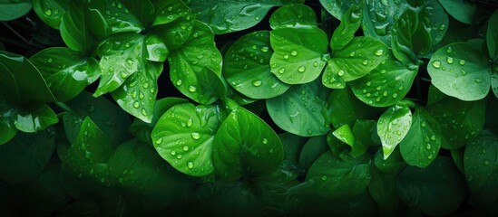 Green leaves covered in water droplets - obrazy, fototapety, plakaty