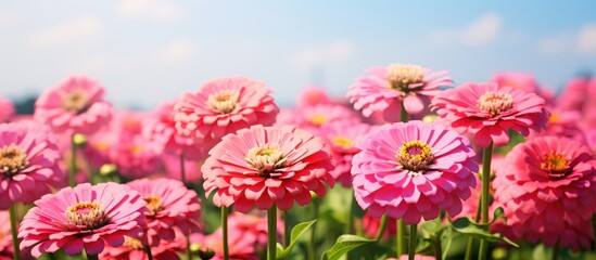 Colorful pink blooms under blue sky - obrazy, fototapety, plakaty