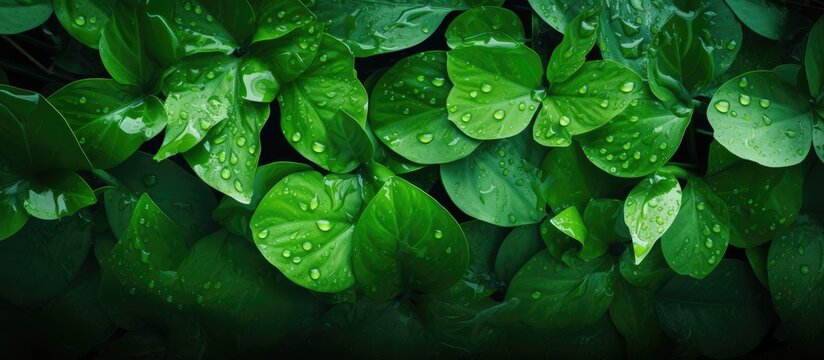 Green leaves covered in water droplets