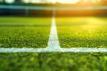 Tennis court, green grass texture background with white lines, closeup. Focus on the line in the...
