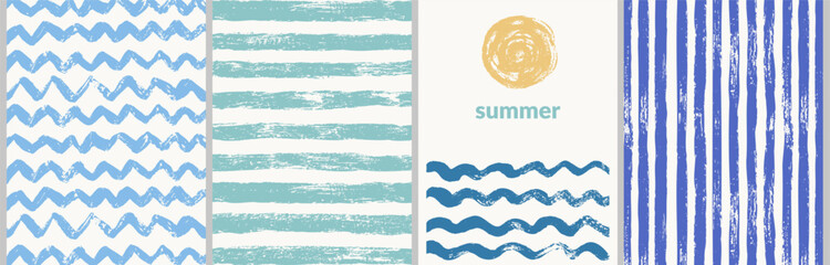 Vector summer posters with grunge textures. Summer striped and wavy patterns, sun, beach.