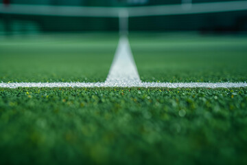 Tennis court, green grass texture background with white lines, closeup. Focus on the line in the center of the picture. Soft blurred effect for tennis sport concept. - obrazy, fototapety, plakaty