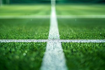 Tennis court, green grass texture background with white lines, closeup. Focus on the line in the center of the picture. Soft blurred effect for tennis sport concept.