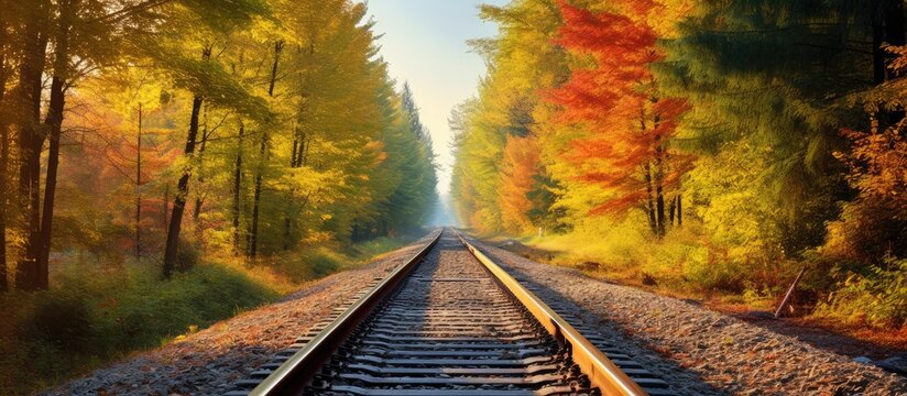 Train tracks amidst forest foliage
