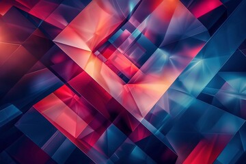 Shimmering metallic rectangles in a captivating blend of deep sky-blue and fiery light crimson, arranged in a layered and intricate composition with a realistic perspective - obrazy, fototapety, plakaty