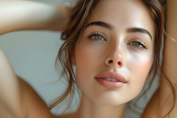 Fototapeta premium Close-up of Radiant Complexion with Subtle Beauty. Concept Beauty Photography, Flawless Makeup, Dewy Skin, Close-up Portraits