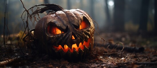 Creepy pumpkin carving in spooky forest - Powered by Adobe