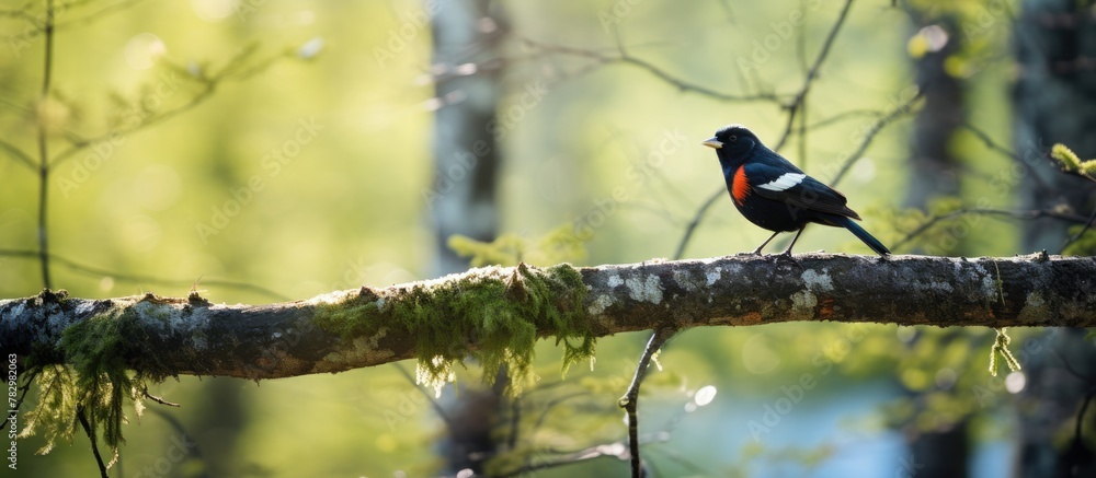 Poster bird perched on tree branch in forest