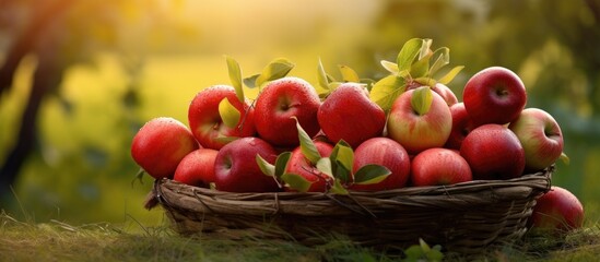 Basket filled with apples on green grass