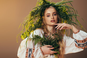 A young woman in a traditional outfit adorned with an ornate wreath in a fantastical studio setting.