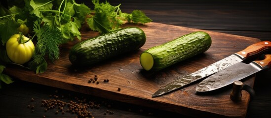 Knife and cucumber on cutting board - Powered by Adobe