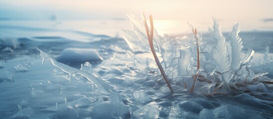 Sunset reflection on icy beach