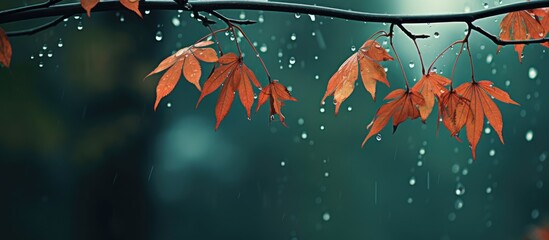 Leaves dangle from tree branch, raindrops shower in afternoon