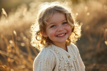 Portrait of a beautiful little girl in a wheat field at sunset