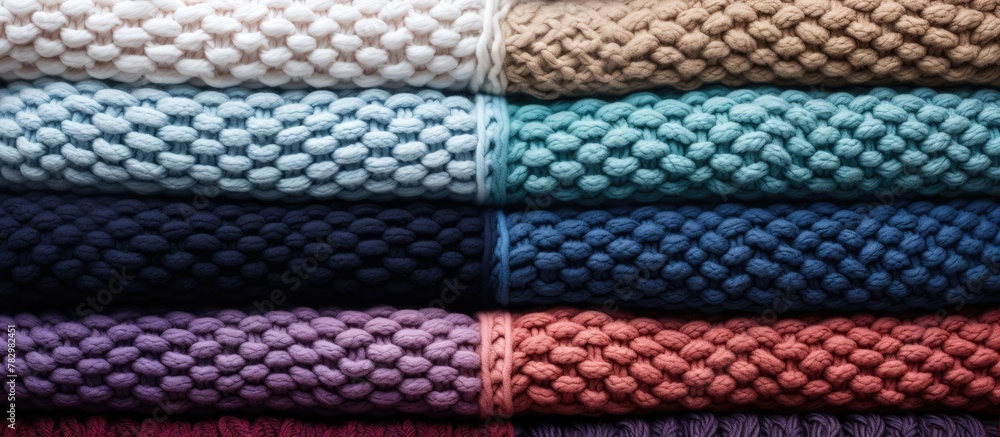 Poster stack of hand-knitted towels on table