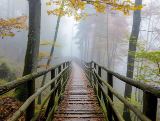 Wooden Bridge Leading Through Misty Autumn Forest