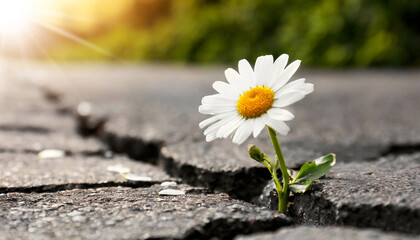 Close-up of a beautiful resilient daisy flower growing from the crack in the asphalt of a road with copy space, hope and survival concept. Generative Ai.