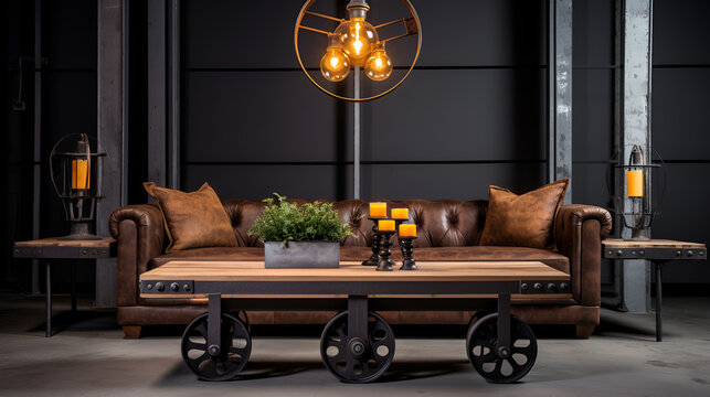 stylish vintage table on wheels next to brown leather chair ,Living room decor, home interior design . Industrial Rustic style with Brick Wall decorated with Metal and Wood material
